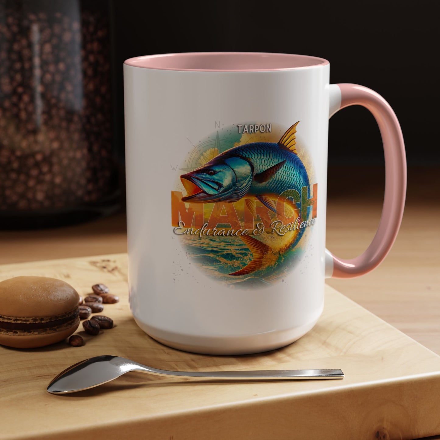 March birth month coffee mug with colorful tarpon fish design and pink handle