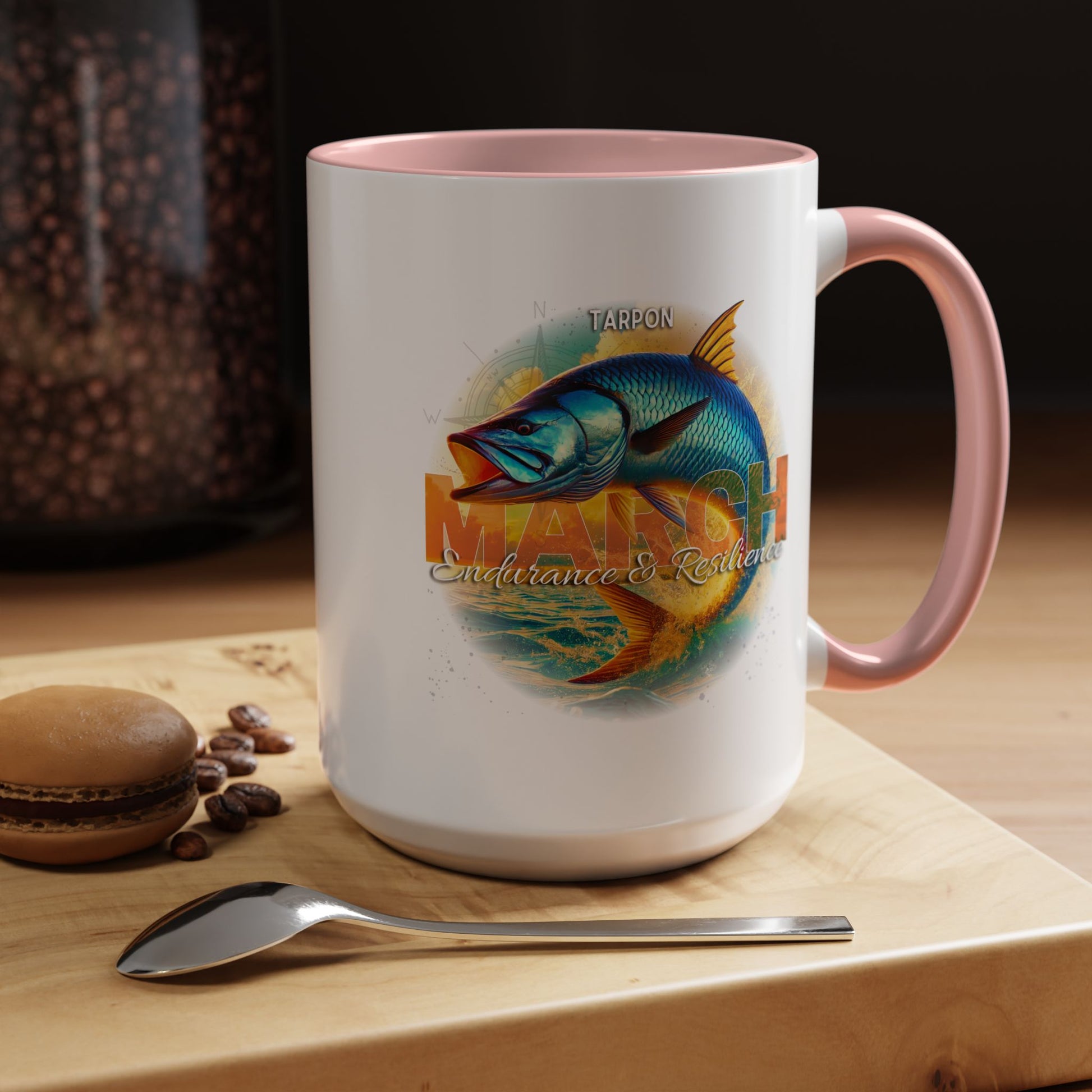 March birth month coffee mug with colorful tarpon fish design and pink handle