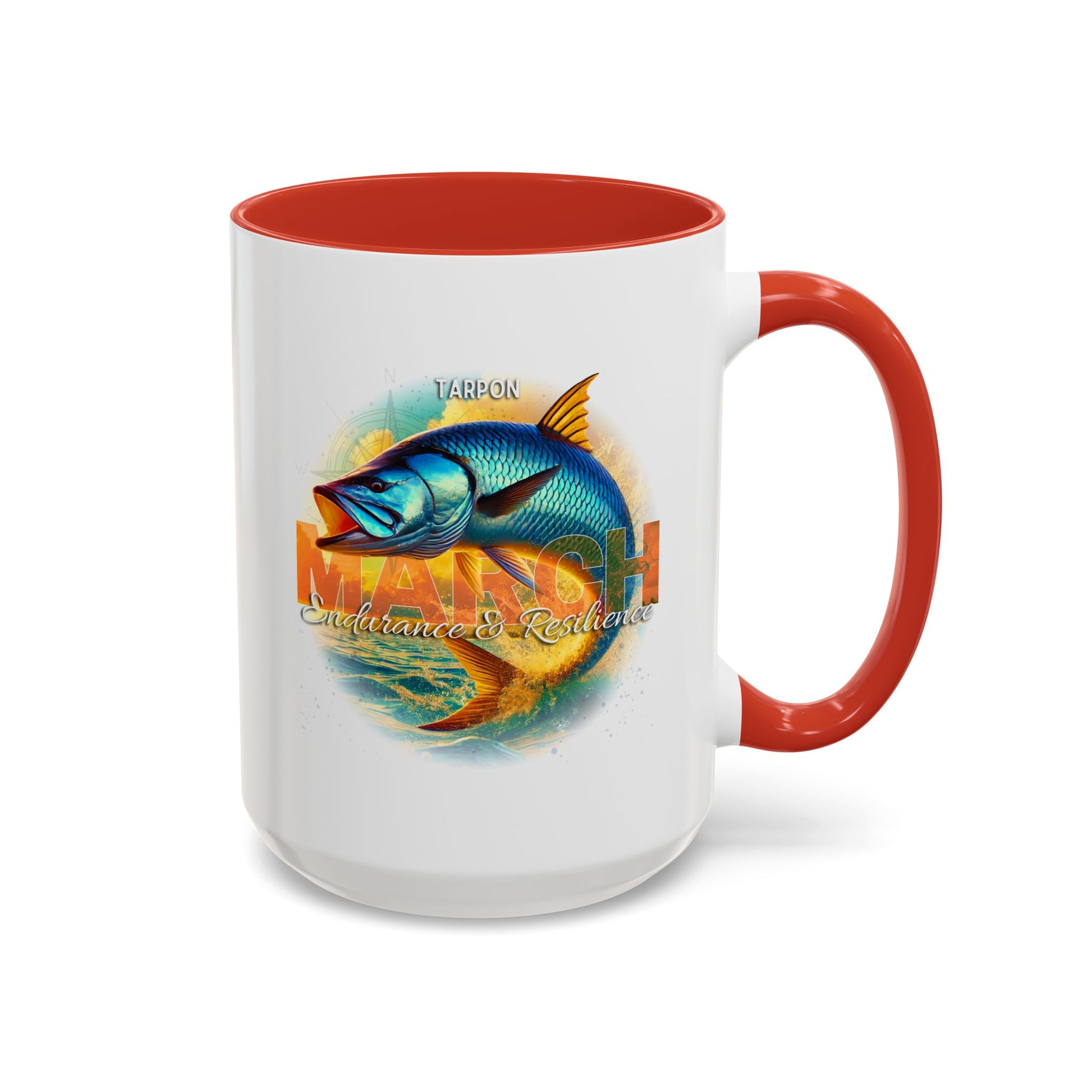 Birth month coffee mug with March design featuring a colorful tarpon fish and resilience theme