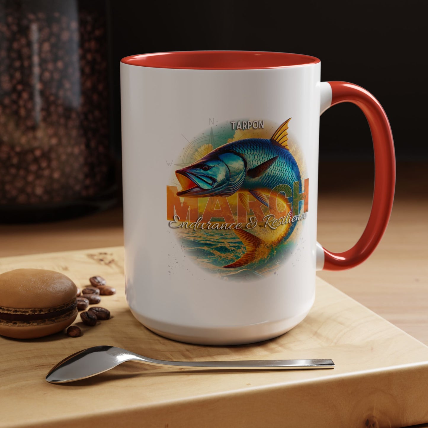 Birth month coffee mug with March Tarpon fish design and red handle and interior