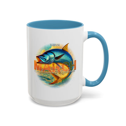 Birth month coffee mug for March featuring colorful tarpon fish design with blue handle and interior