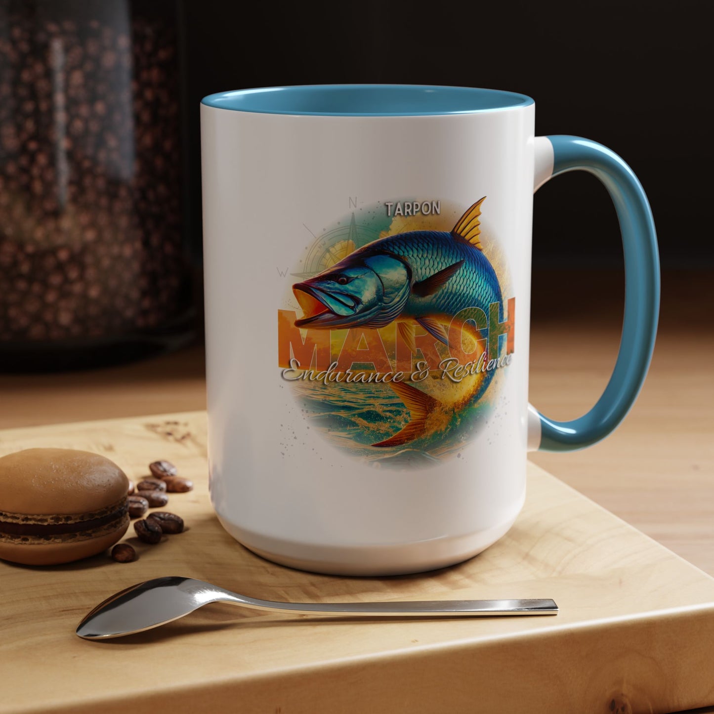 Birth month coffee mug with March design featuring colorful tarpon fish and endurance theme