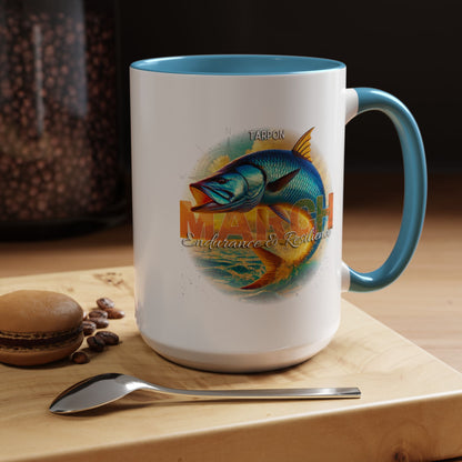 Birth month coffee mug with March design featuring colorful tarpon fish and endurance theme