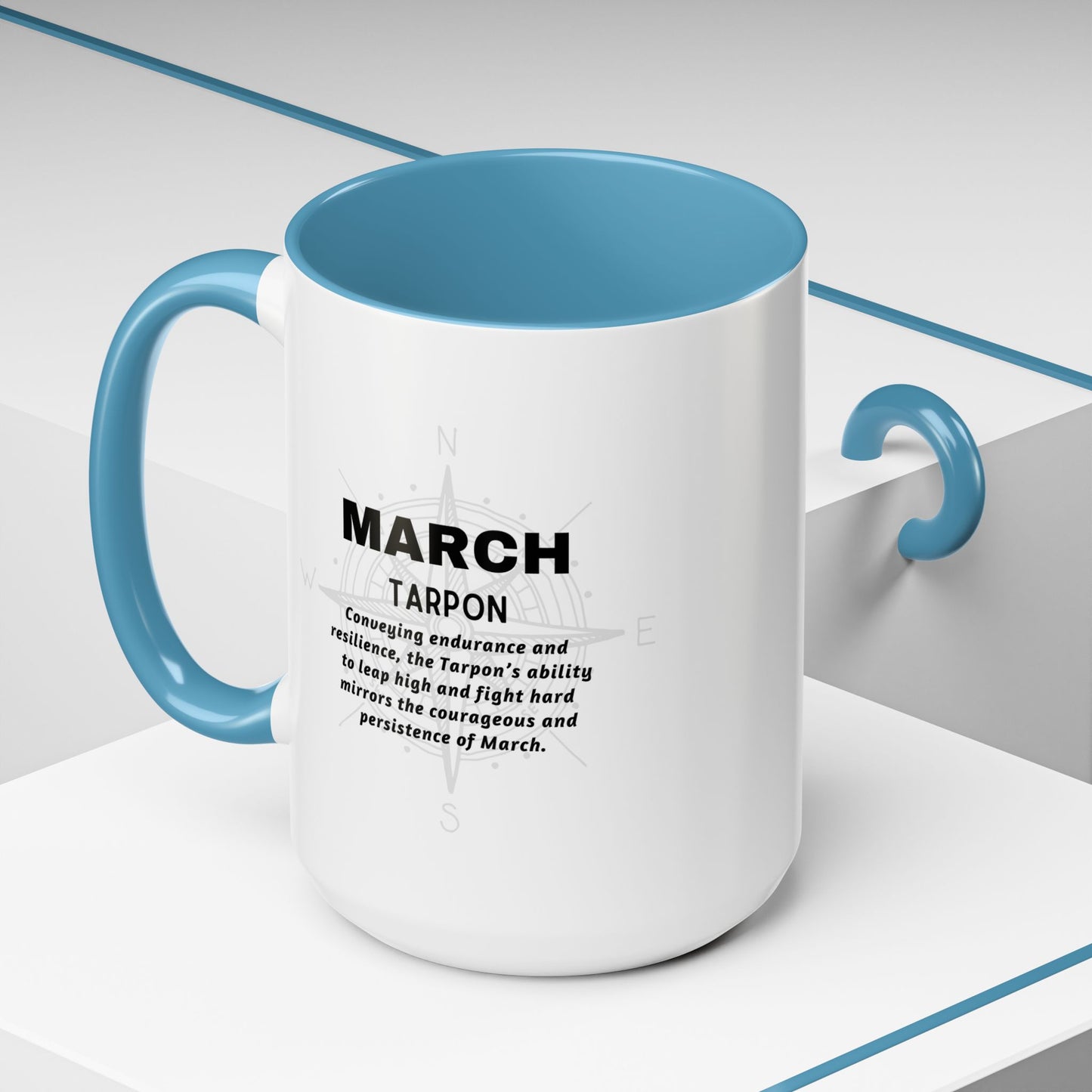 White birth month coffee mug for March with blue handle and inner color featuring Tarpon design