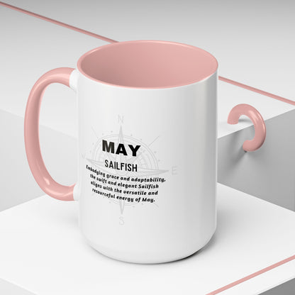 May birth month coffee mug with pink handle and interior featuring Sailfish design