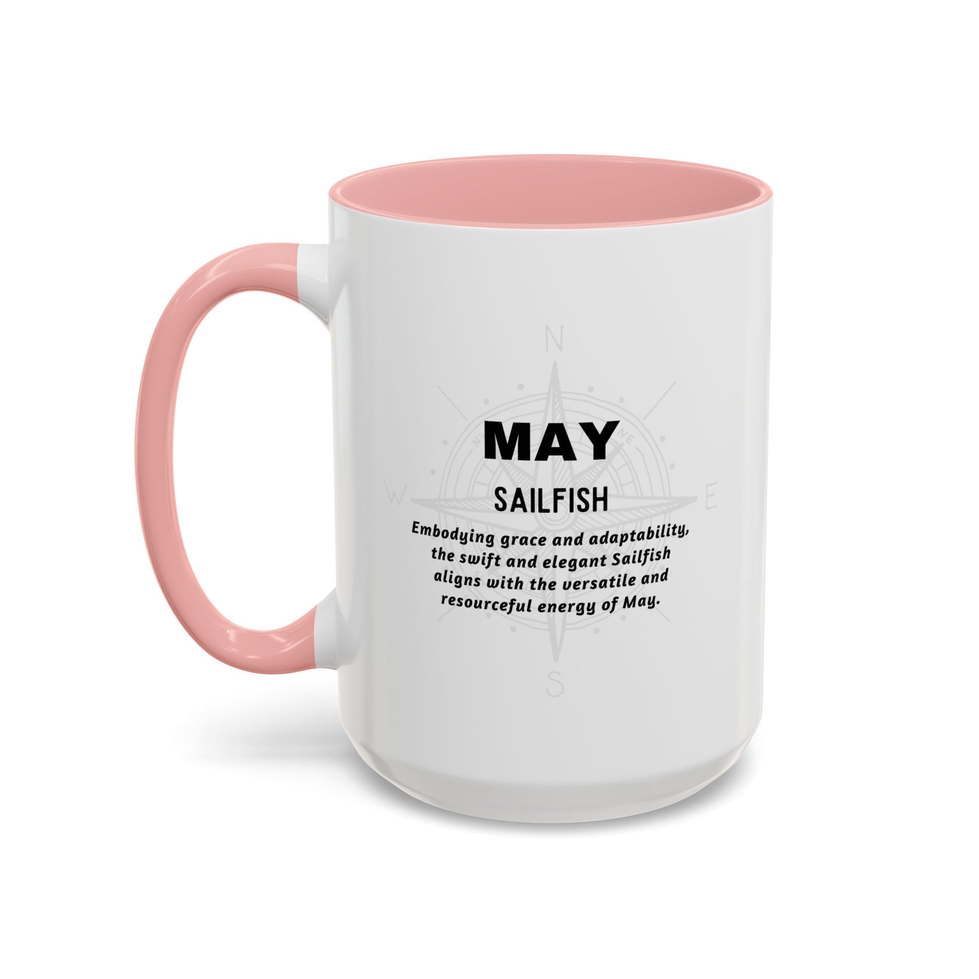 Birth month coffee mug for May with pink handle and inner rim featuring Sailfish design