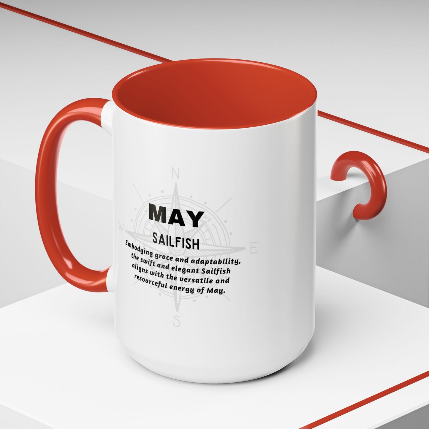 Birth month coffee mug for May with red handle and inside featuring Sailfish design