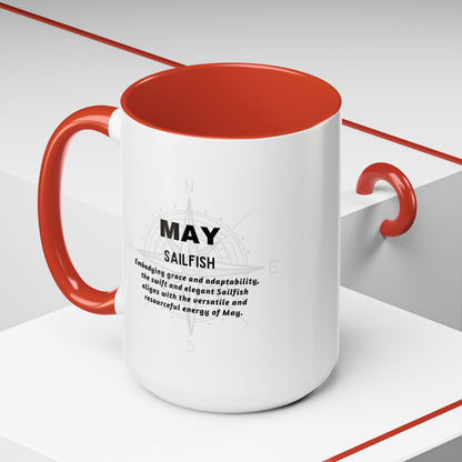Birth month coffee mug for May with red handle and inside featuring Sailfish design