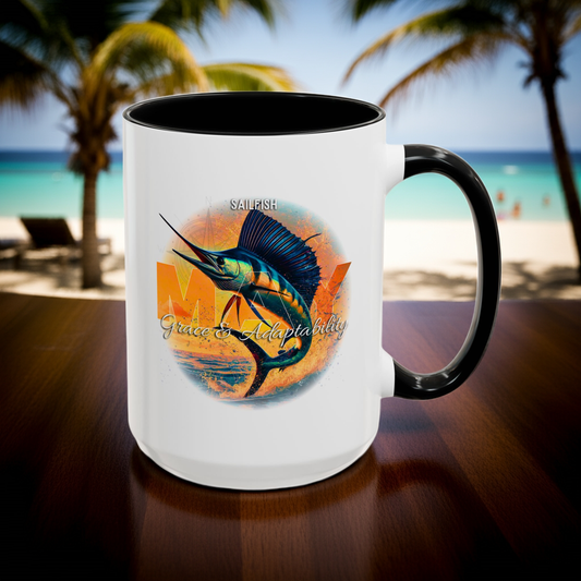 Birth month coffee mug with sailfish design and May theme on white mug with black handle