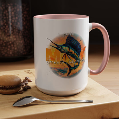 Birth month coffee mug featuring a colorful sailfish design with pink handle and rim
