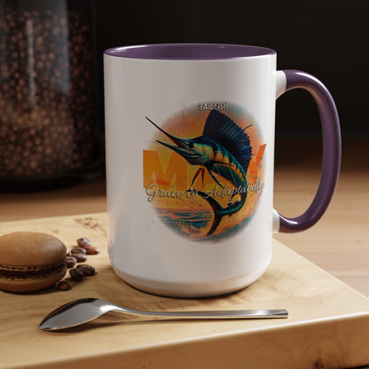 Birth month coffee mug featuring a sailfish design with purple handle and interior