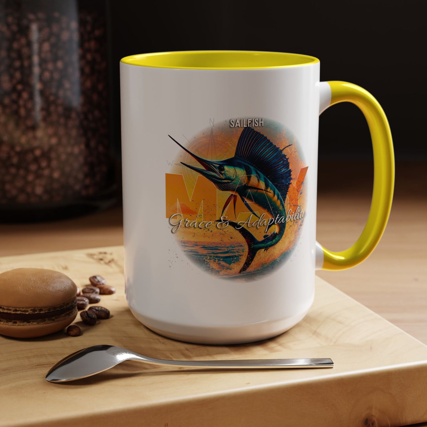 Birth month coffee mug featuring a colorful sailfish design with yellow handle and interior