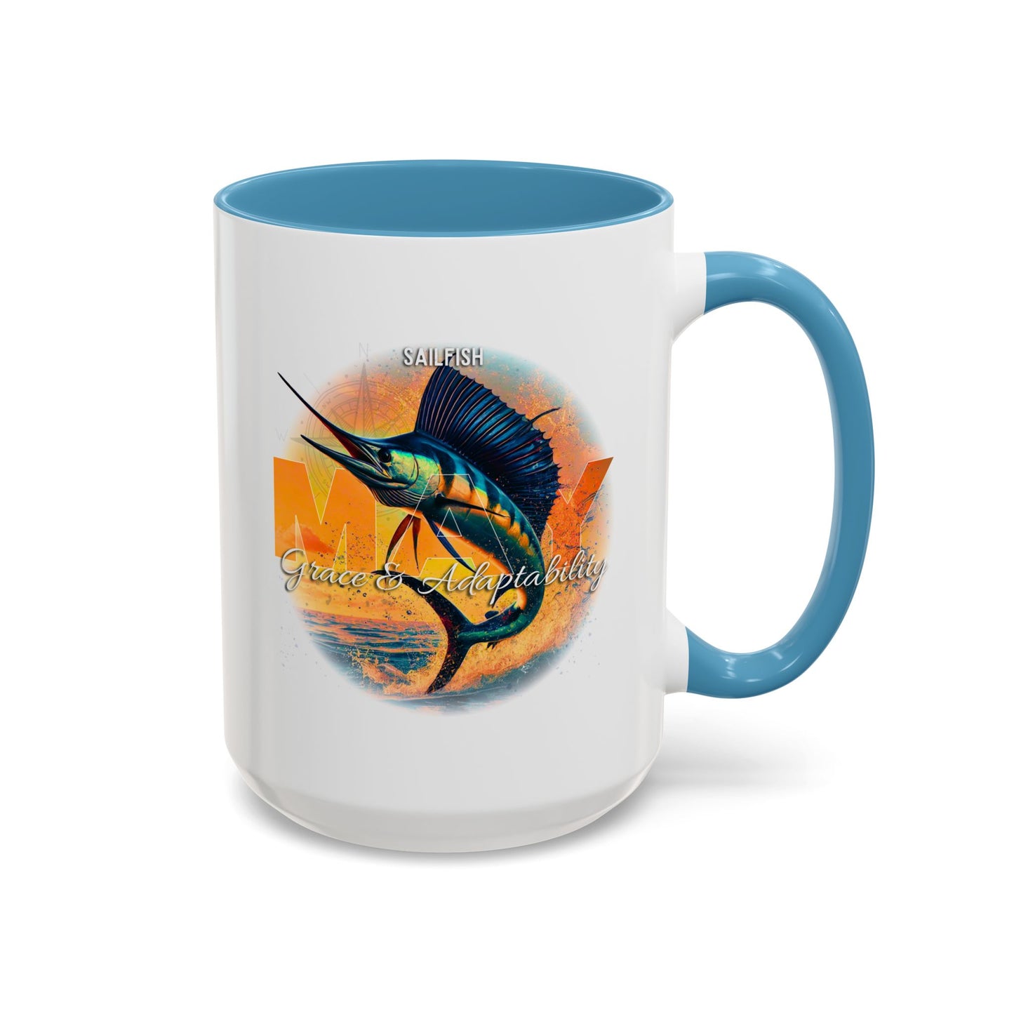 Birth month coffee mug with blue handle featuring May sailfish design and grace adaptability text