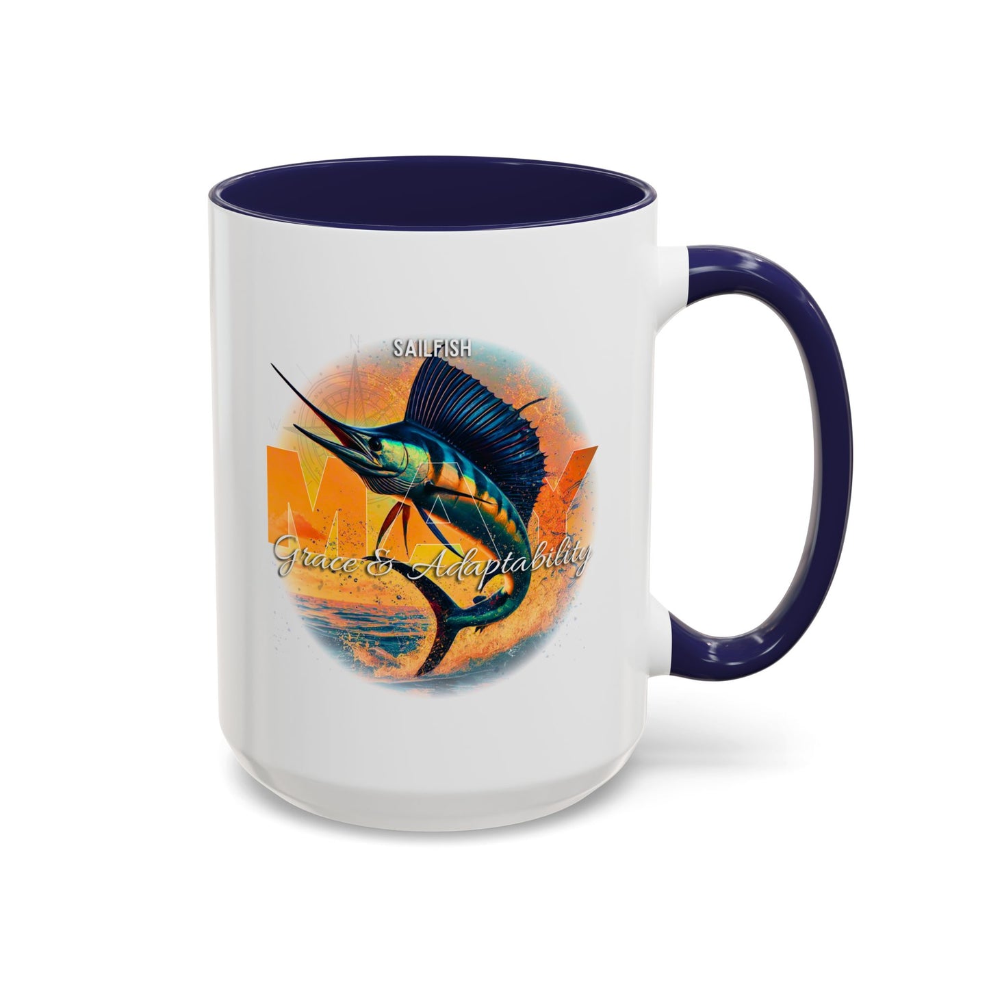 Birth month coffee mug with sailfish design and May grace and adaptability text