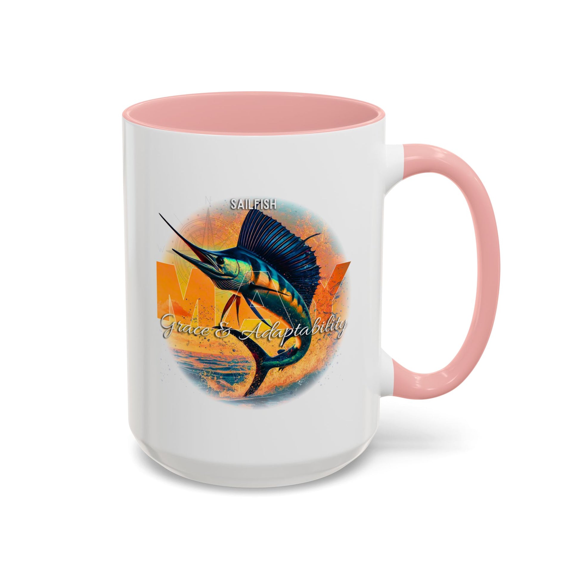 Birth month coffee mug with pink handle featuring a sailfish design for May