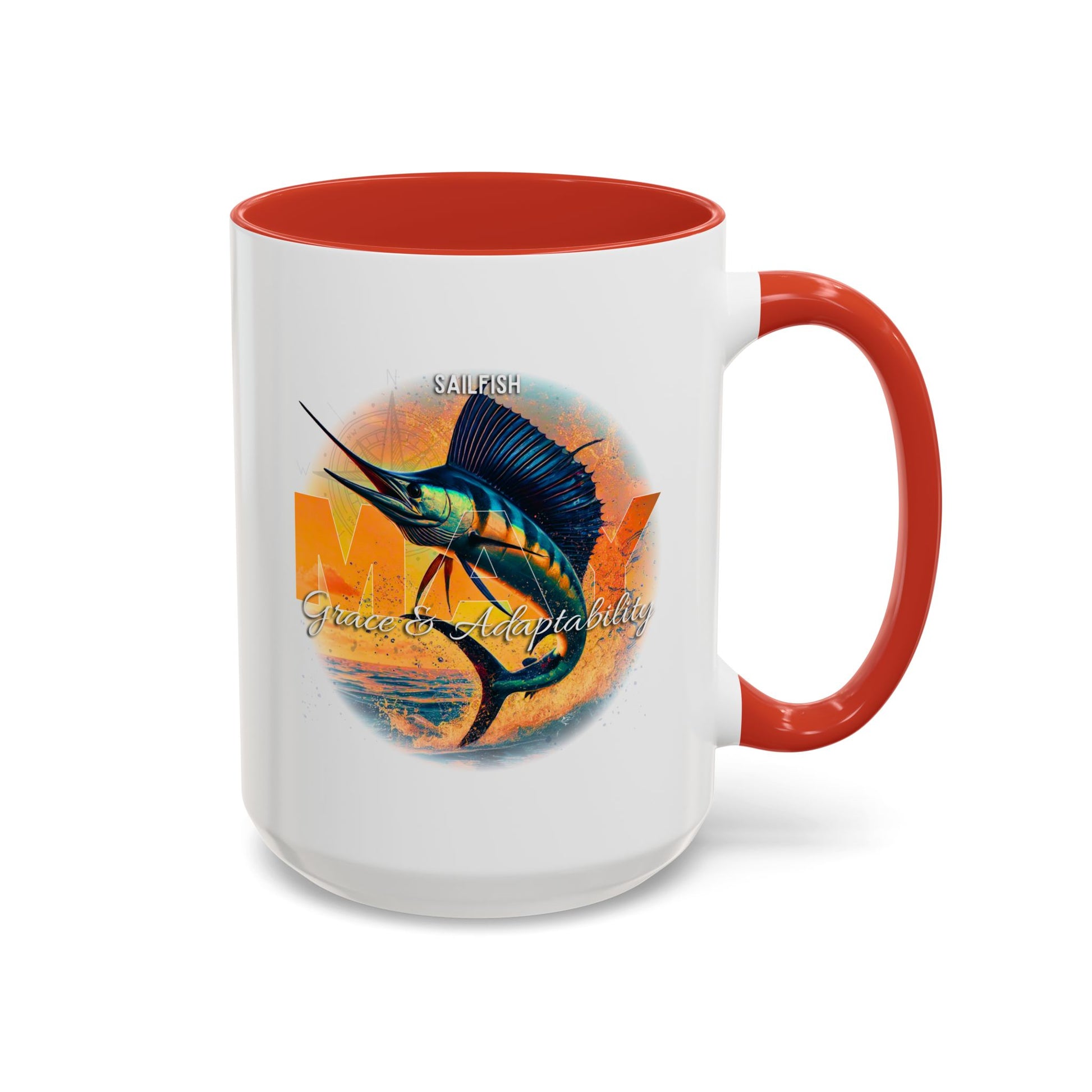 Birth month coffee mug for May with sailfish design and red handle and interior