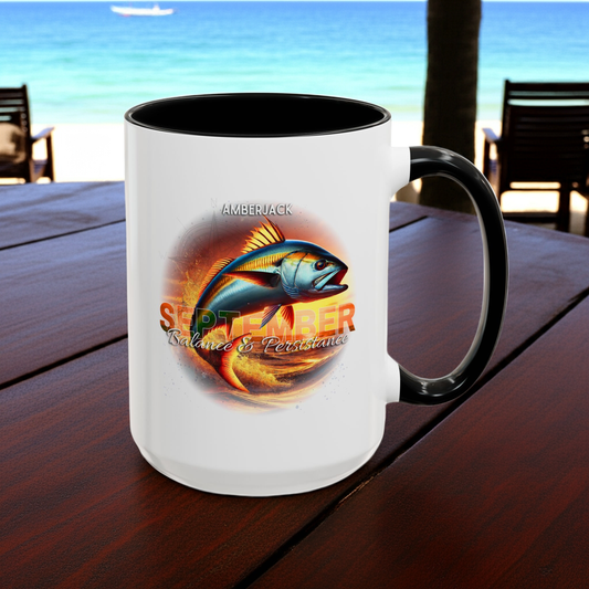 Birth month coffee mug featuring September amberjack fish design with balance and persistence text