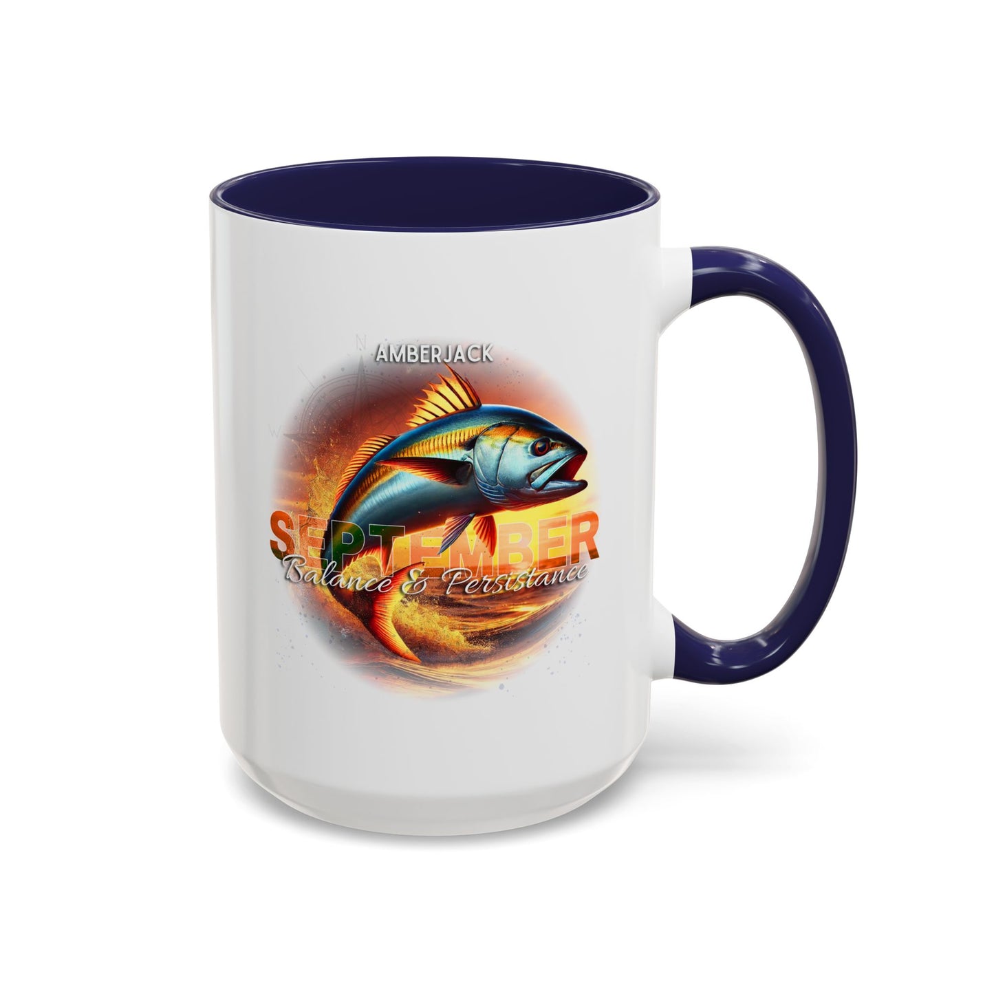 Birth month coffee mug featuring September Amberjack fish design with navy handle and rim