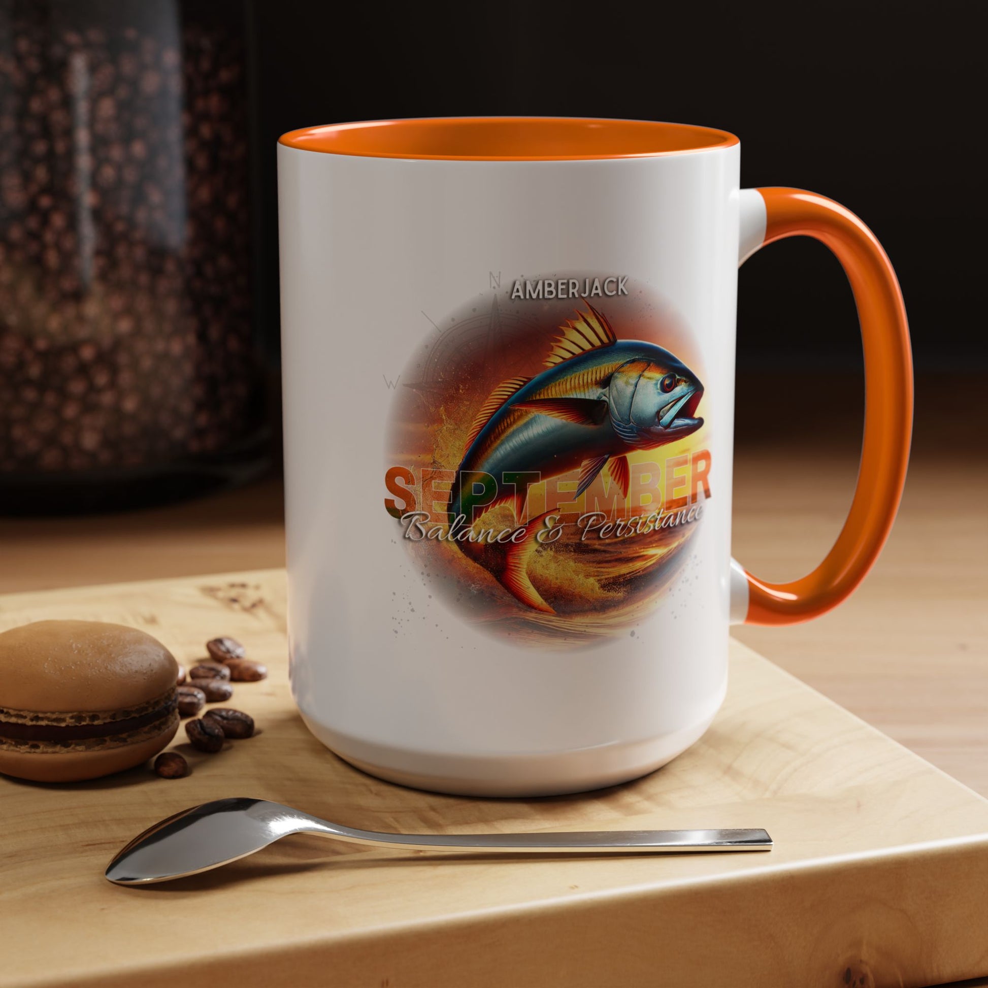 Birth month coffee mug with September Amberjack fish design and orange handle