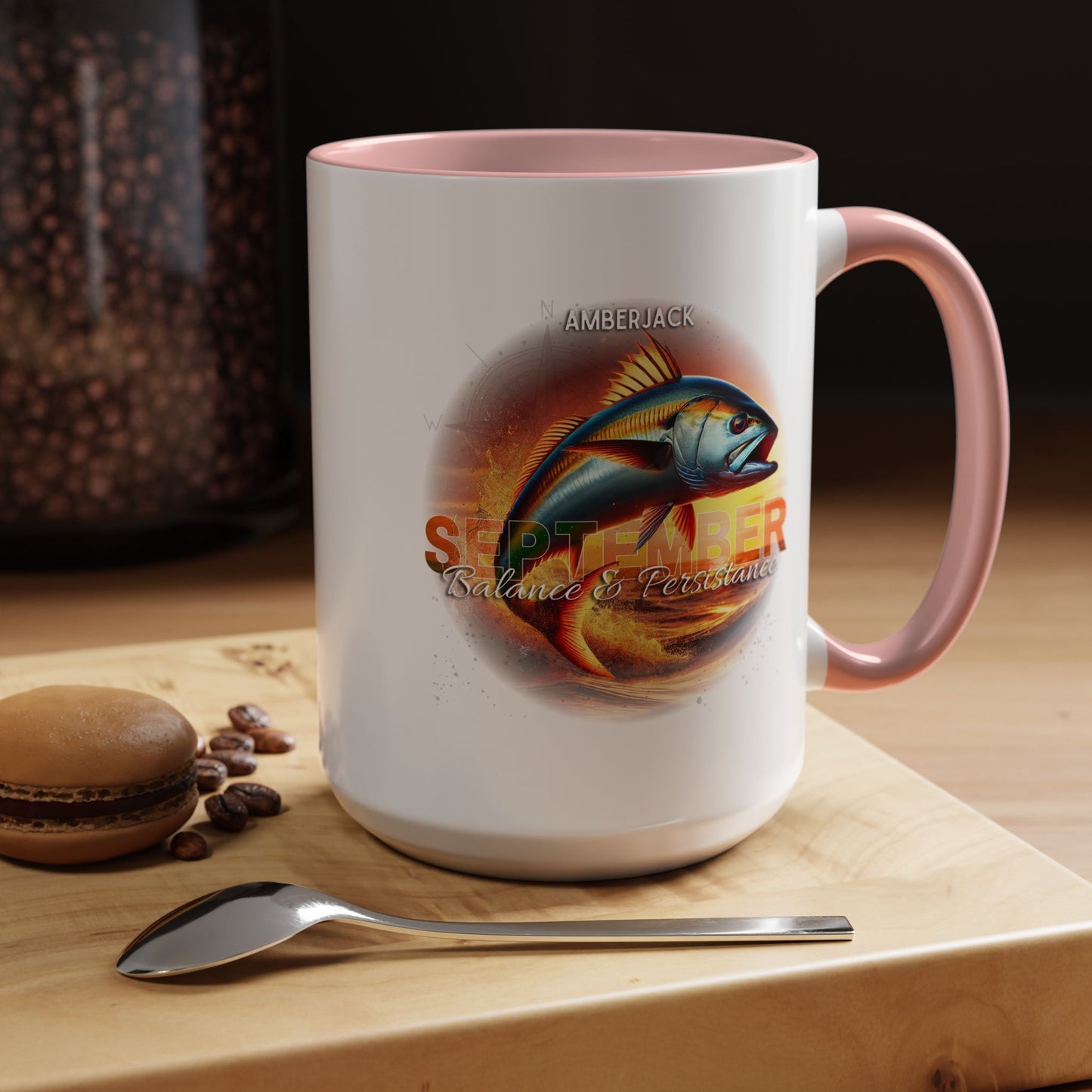 Birth month coffee mug for September with fish design and pink handle