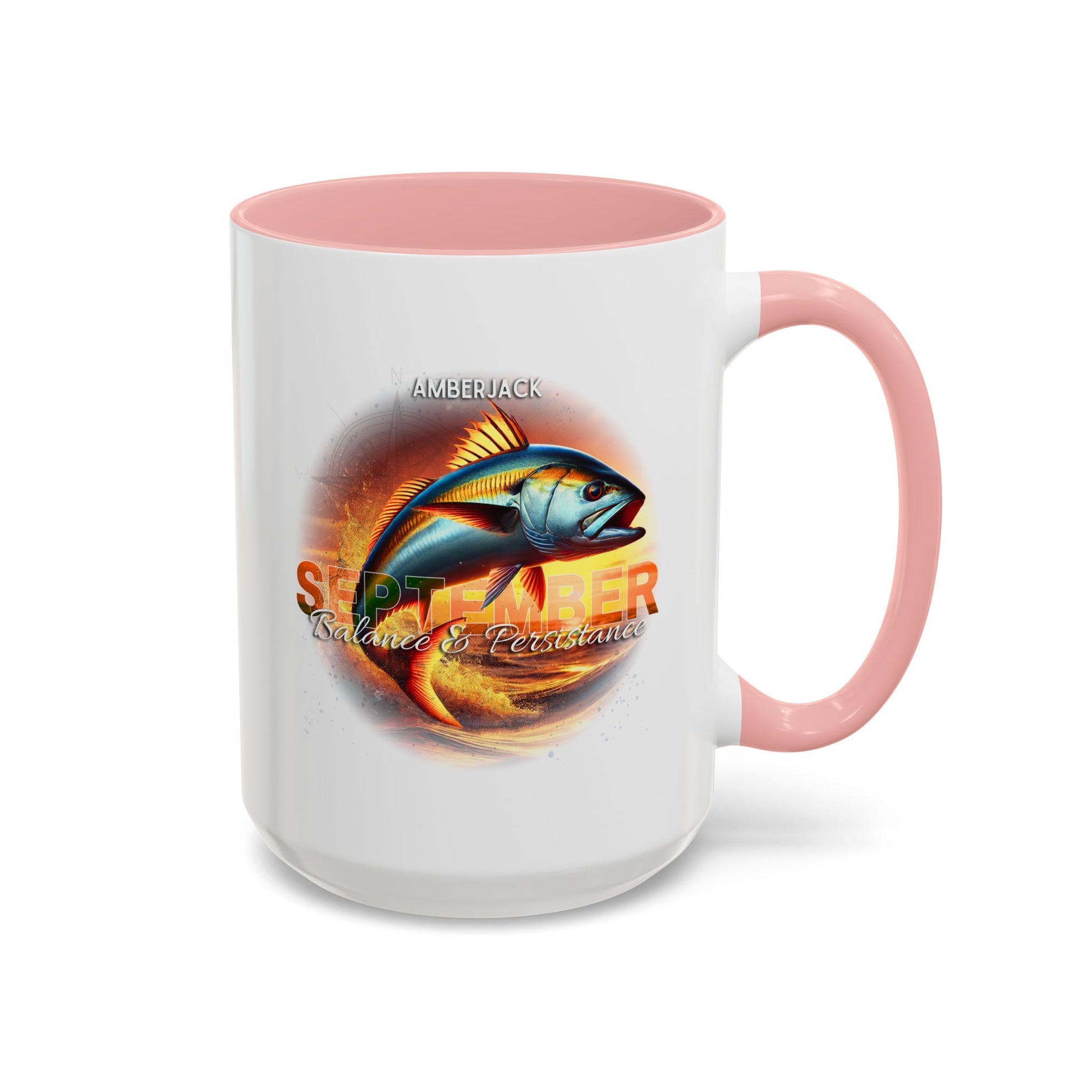 September birth month coffee mug with amberjack fish design and pink handle