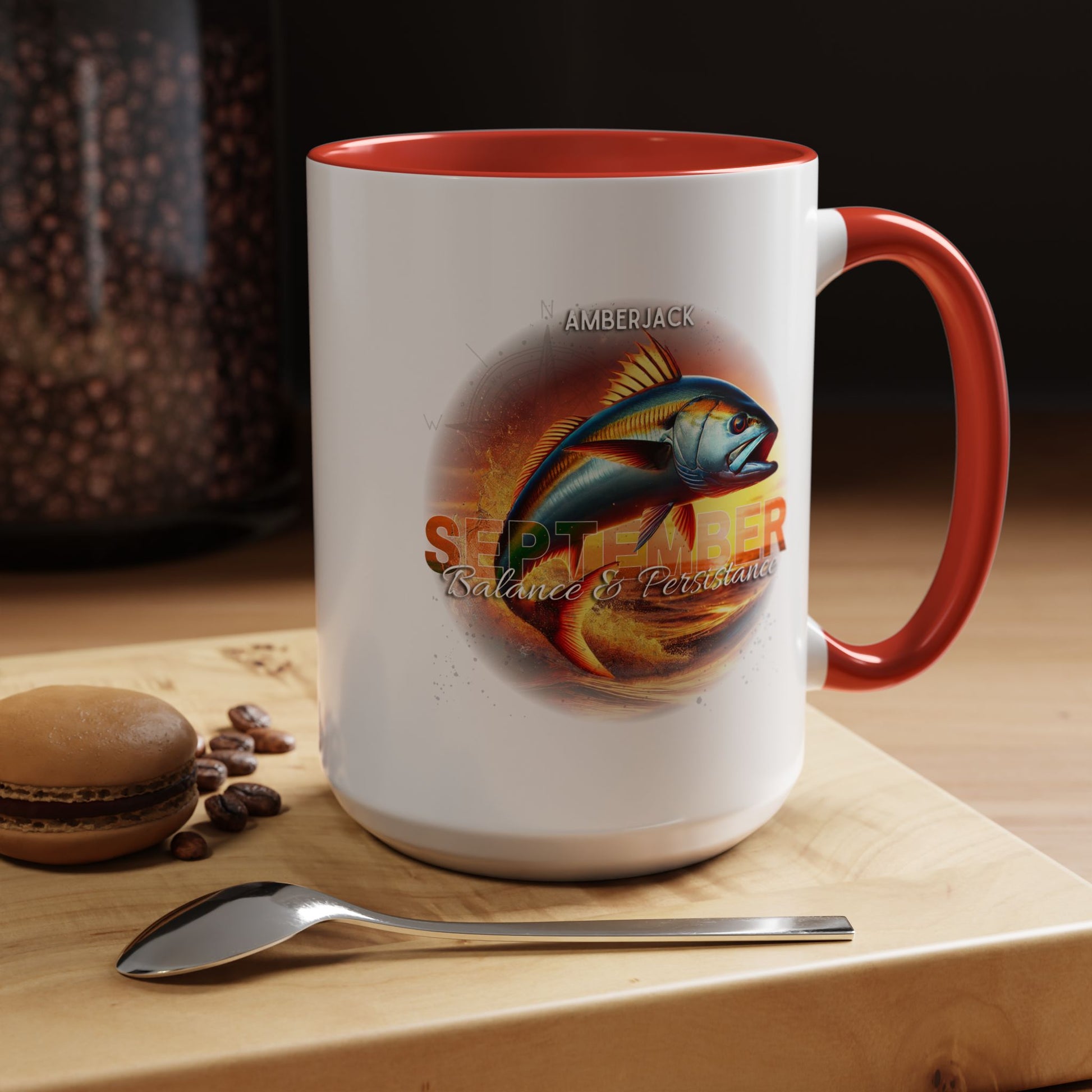 Birth month coffee mug with red handle and interior featuring a detailed amberjack fish design