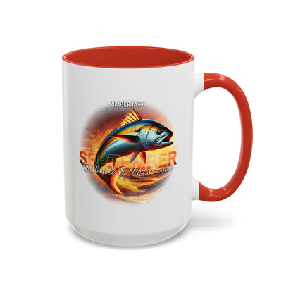 Birth month coffee mug for September with amberjack fish design and red handle