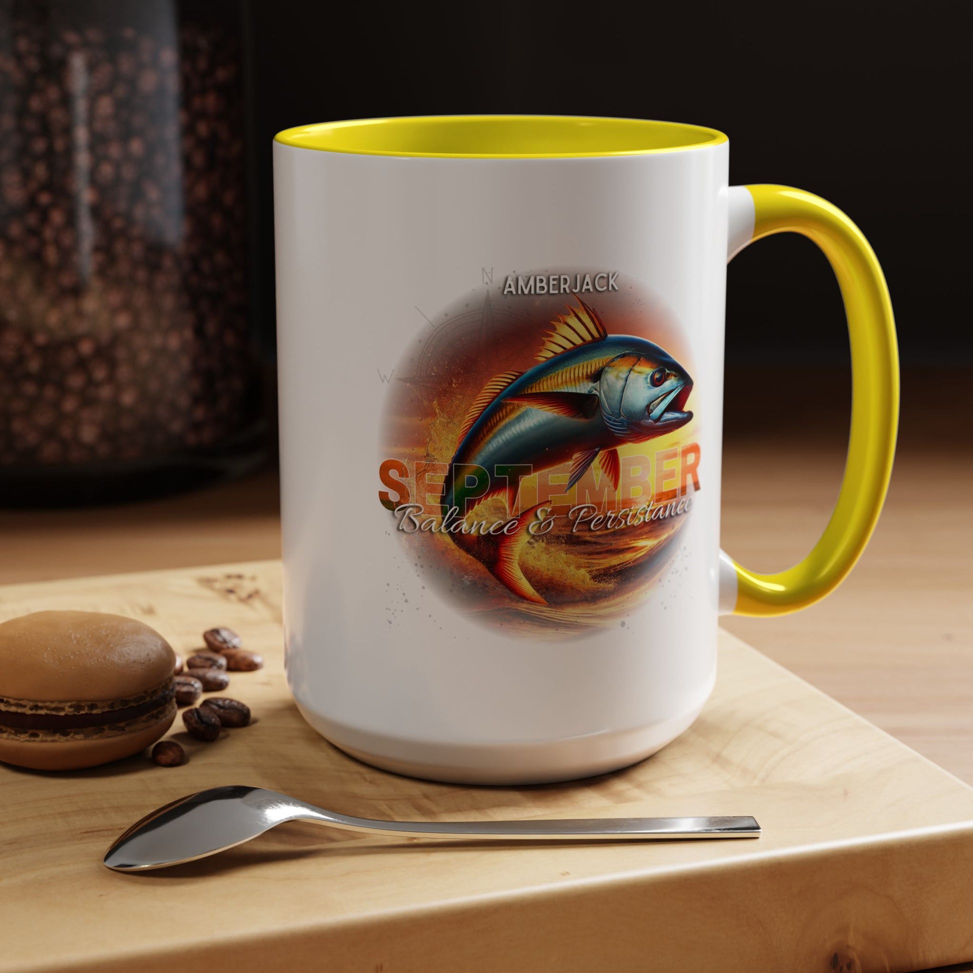 Birth month coffee mug with yellow handle and inner rim featuring September amberjack fish design
