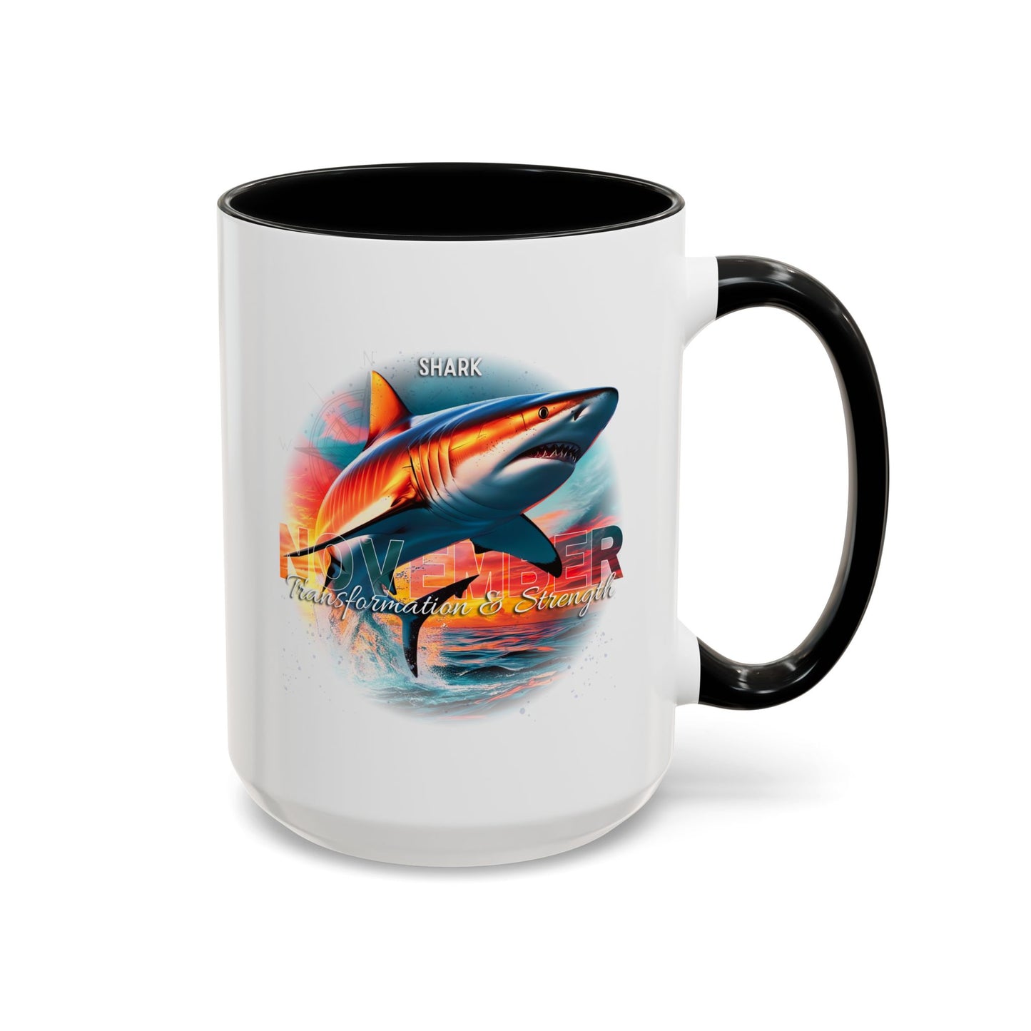 Birth month coffee mug featuring a colorful shark design with strength theme