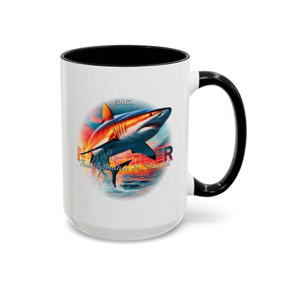 Birth month coffee mug featuring a colorful shark design with strength theme