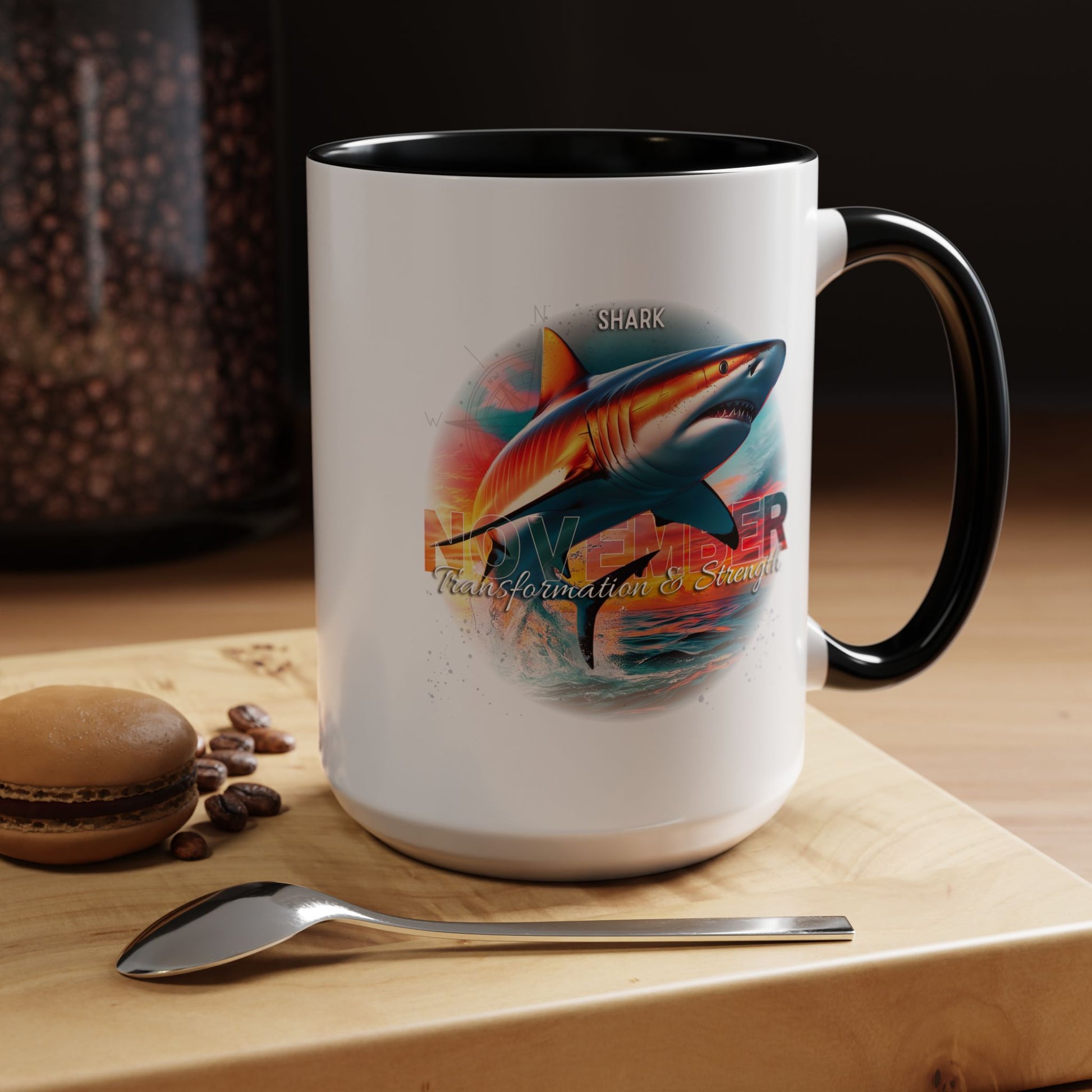 Birth month coffee mug featuring a colorful shark design with transformation and strength text