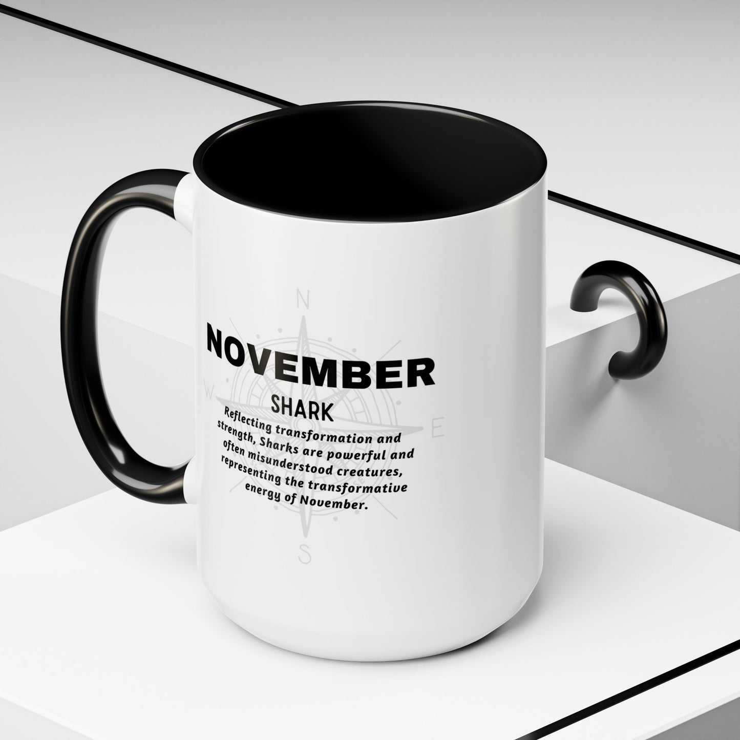 November birth month coffee mug with black handle and inside featuring shark design and motivational text