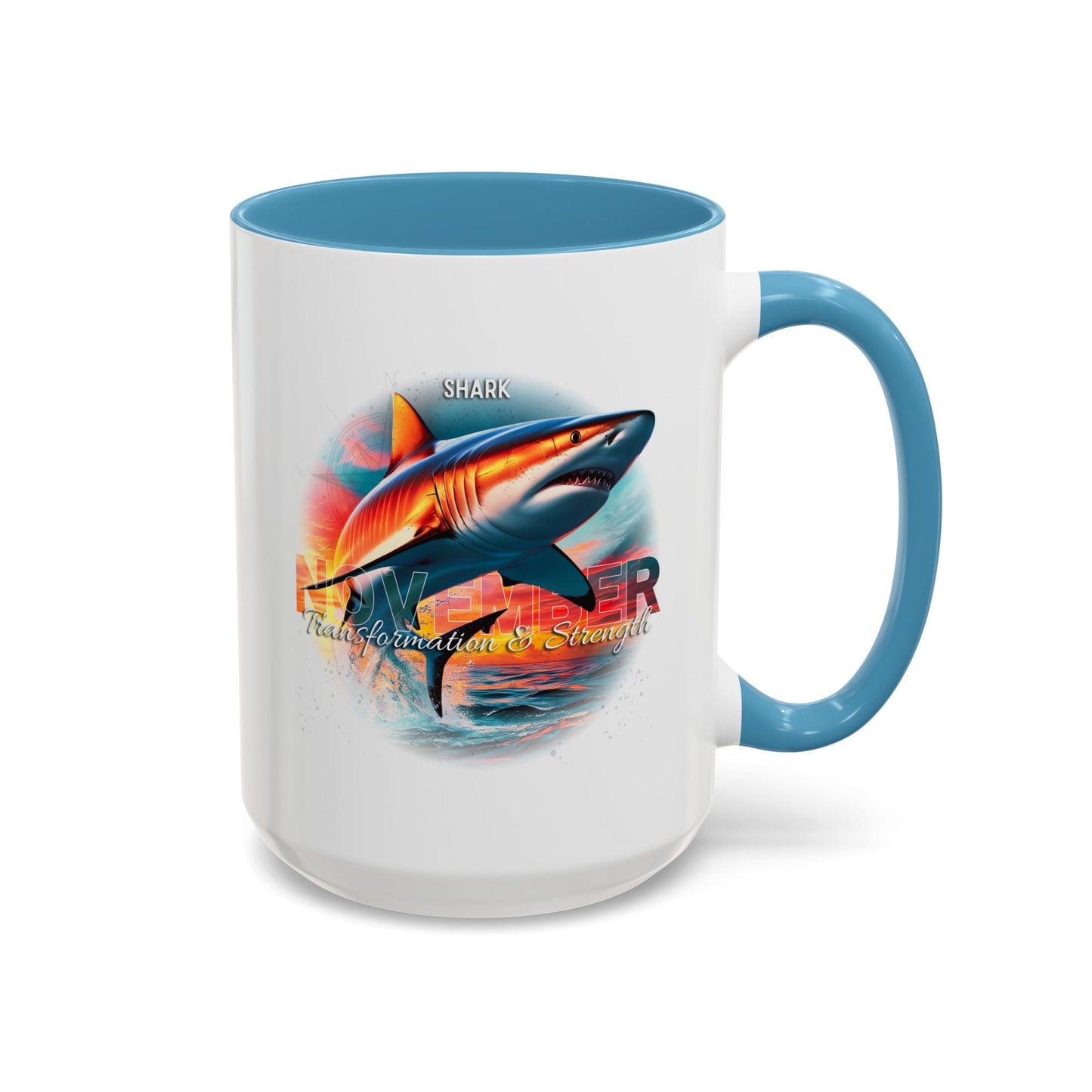 Birth month coffee mug featuring a colorful shark design, with blue handle and interior