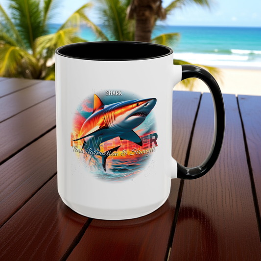 White birth month coffee mug with black handle featuring shark design for January with transformation and strength text