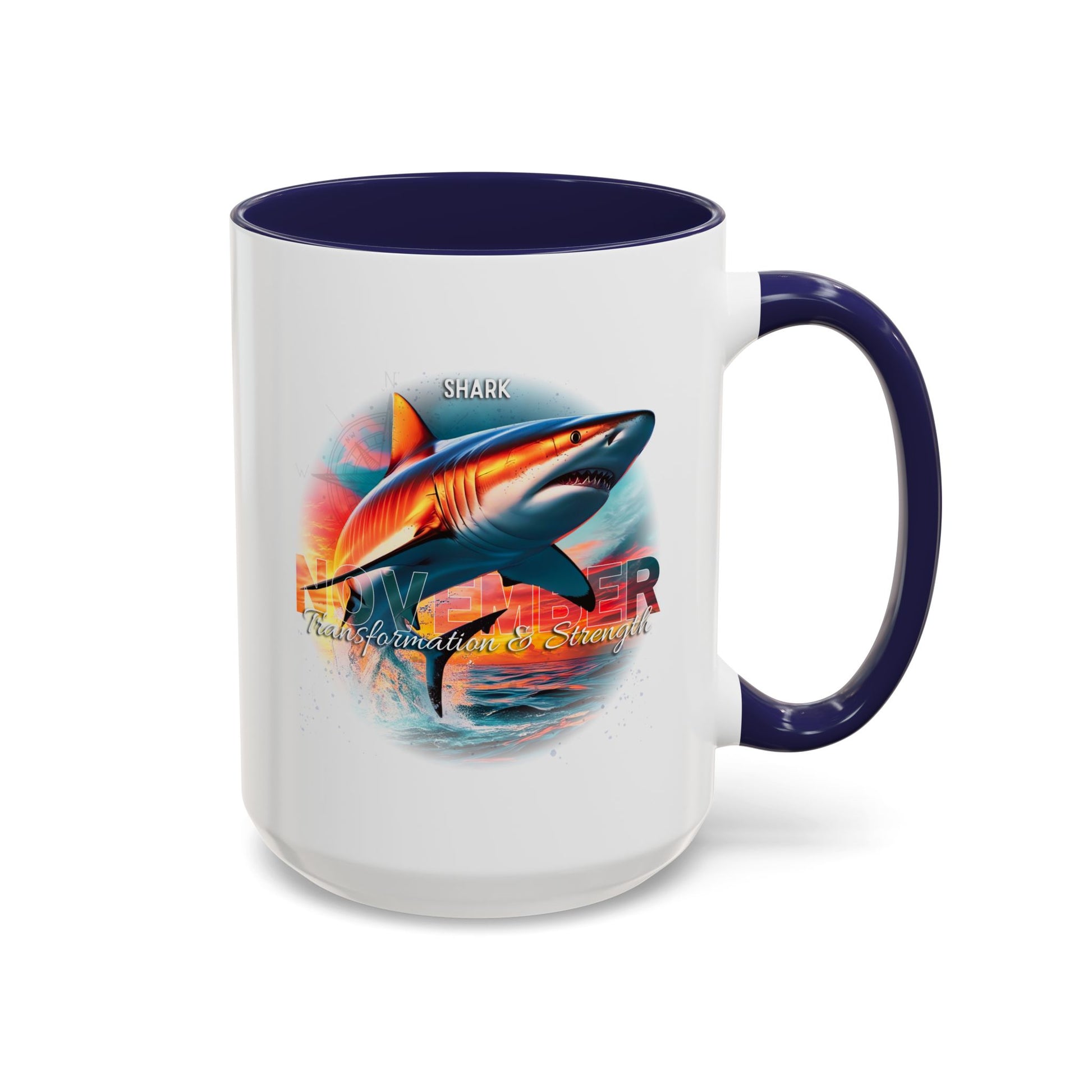 Birth month coffee mug featuring a vibrant shark design with navy handle and interior