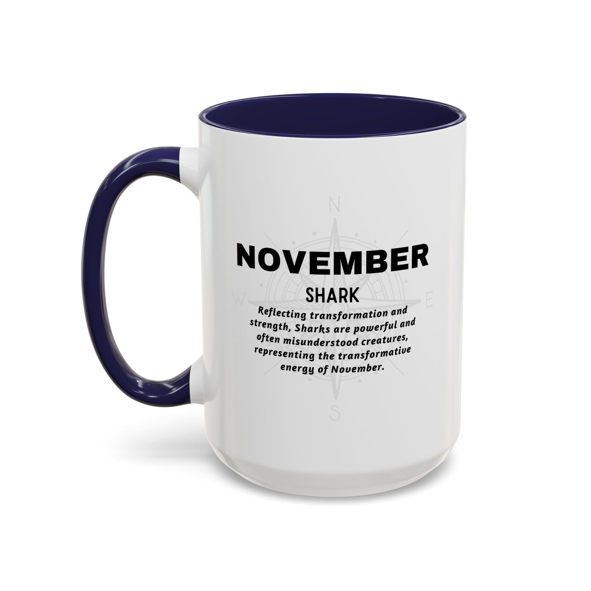November birth month coffee mug with shark design and inspirational text on white ceramic