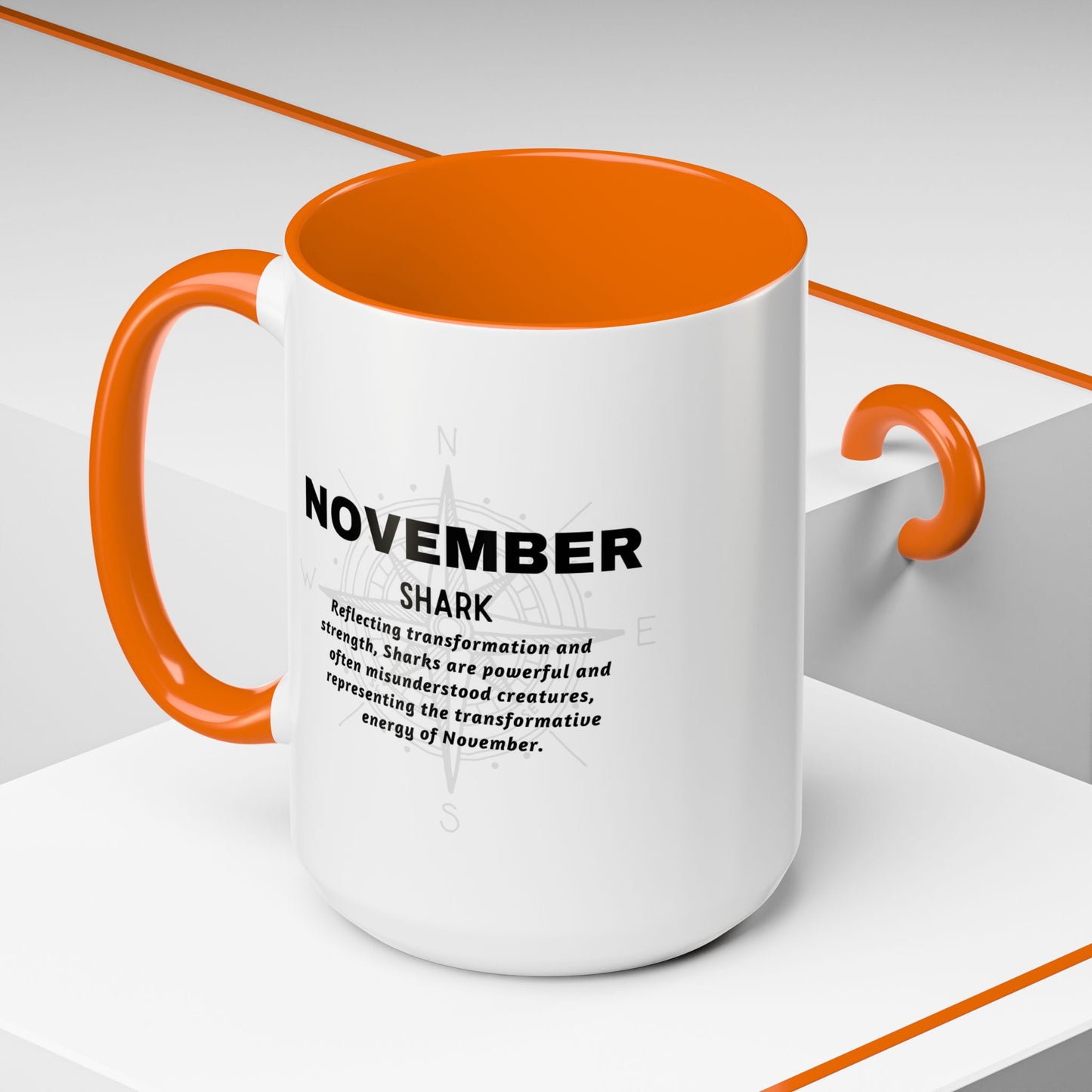 Birth month coffee mug for November with orange handle and inside featuring shark design