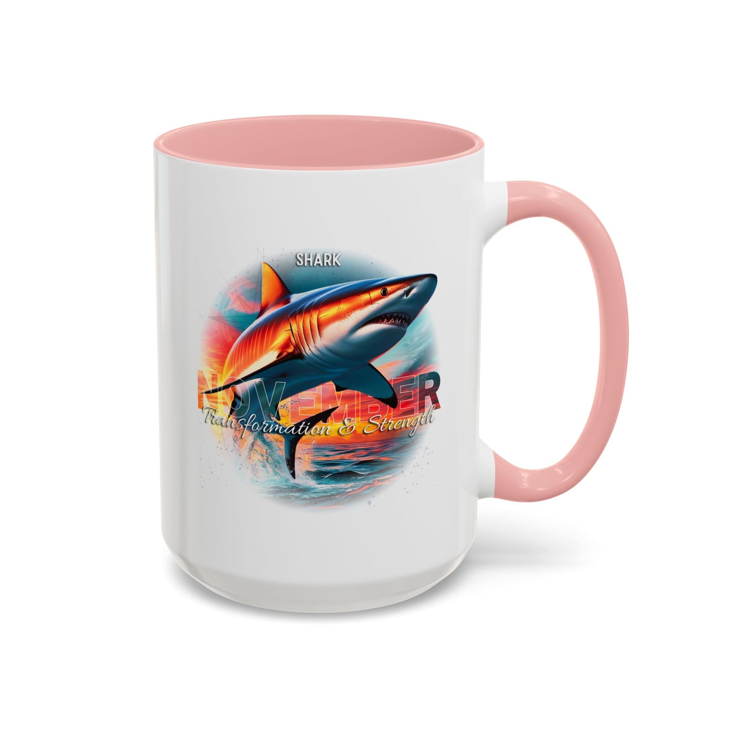 Birth month coffee mug with shark design and pink handle and interior