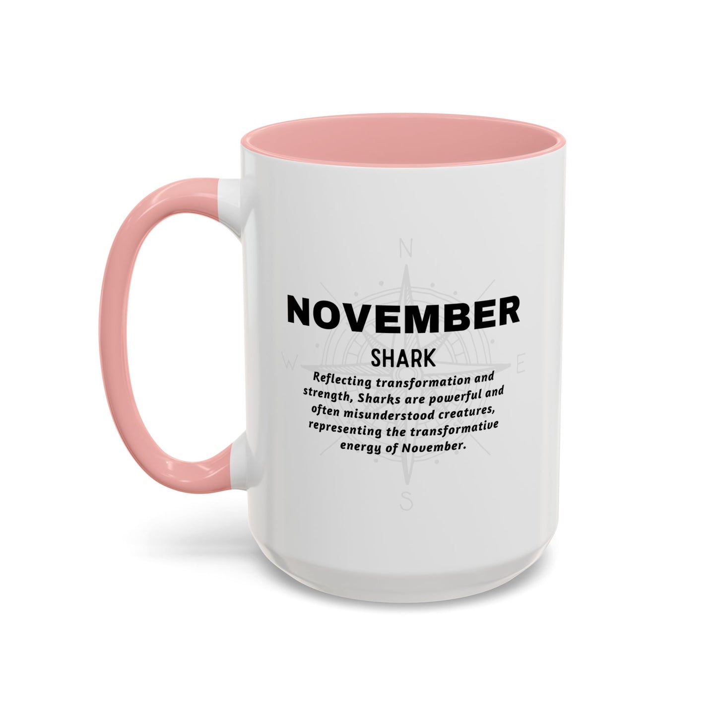 November shark birth month coffee mug with white exterior and pink handle and interior