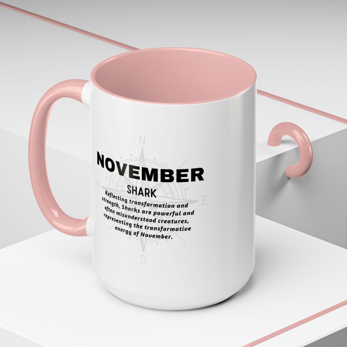 November birth month coffee mug with shark design and pink handle and interior 