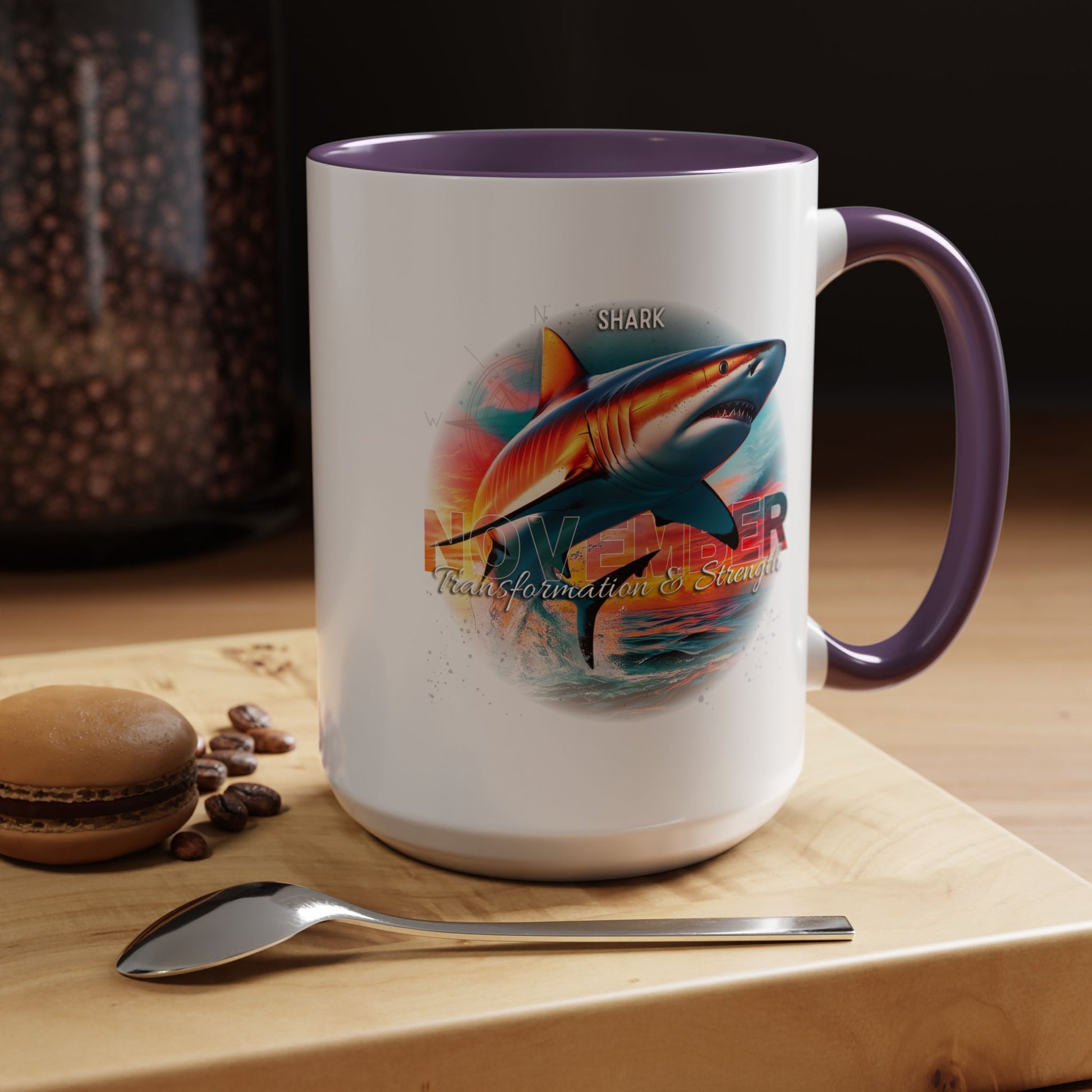 Birth month coffee mug featuring a colorful shark design with purple handle and rim