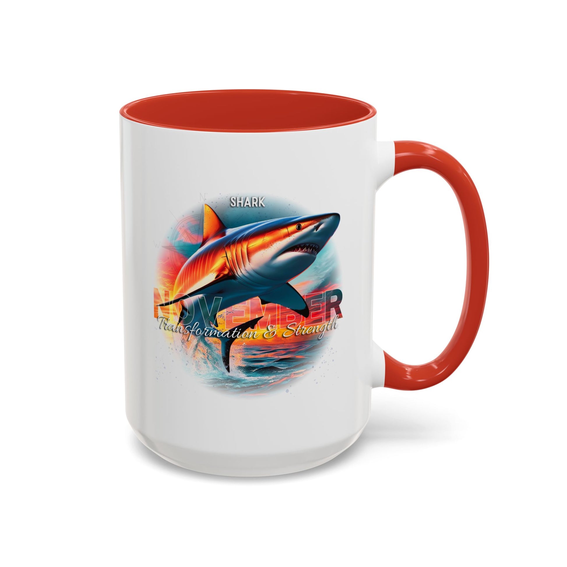 Birth month coffee mug with shark design and red handle for strength and transformation