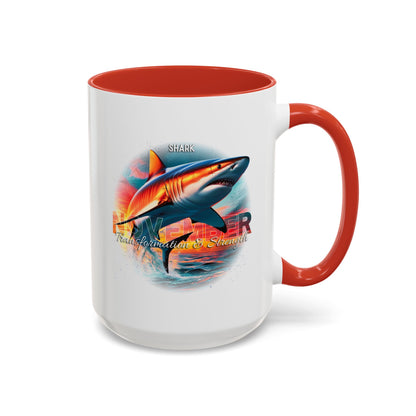 Birth month coffee mug with shark design and red handle for strength and transformation