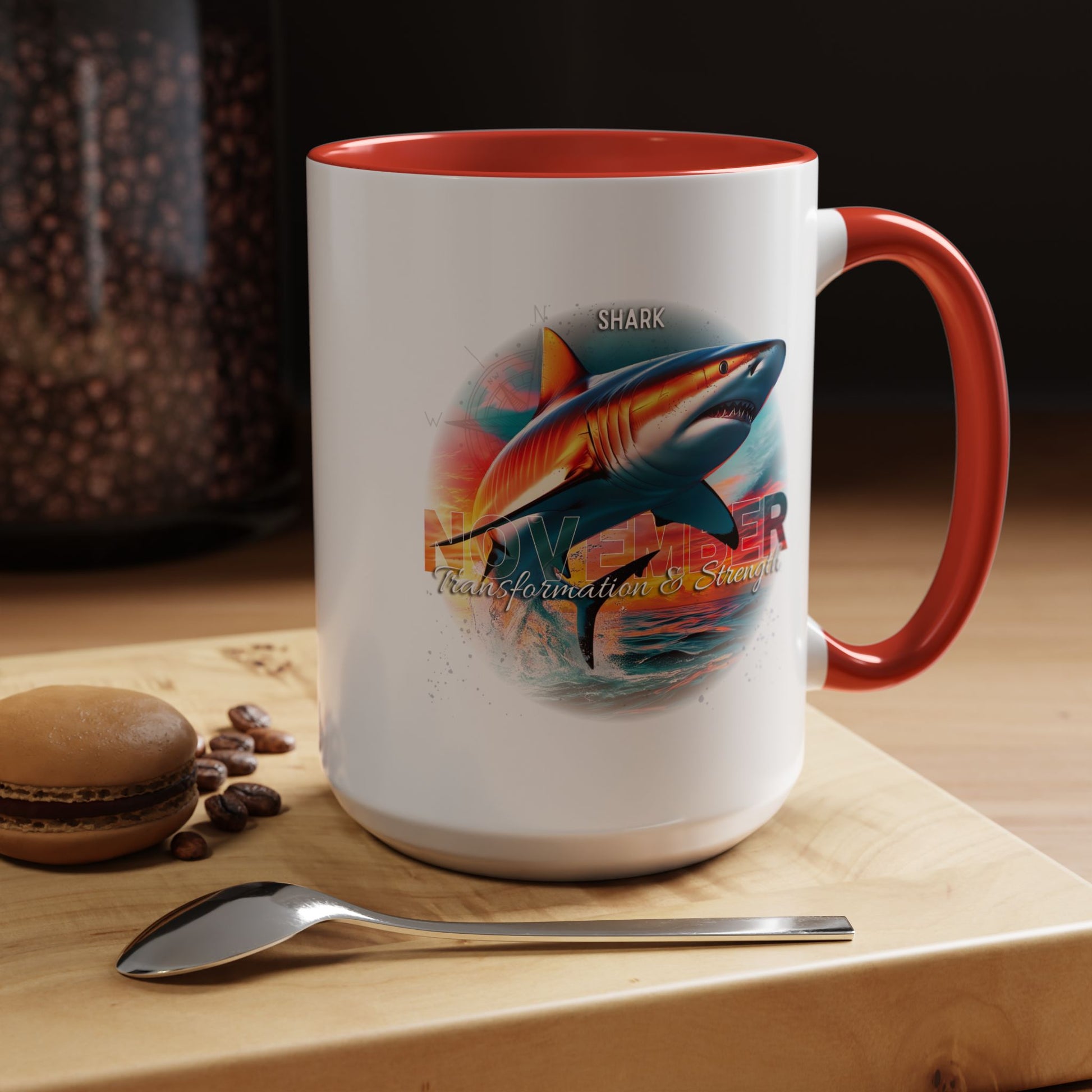 Birth month coffee mug with shark design featuring red handle and interior 