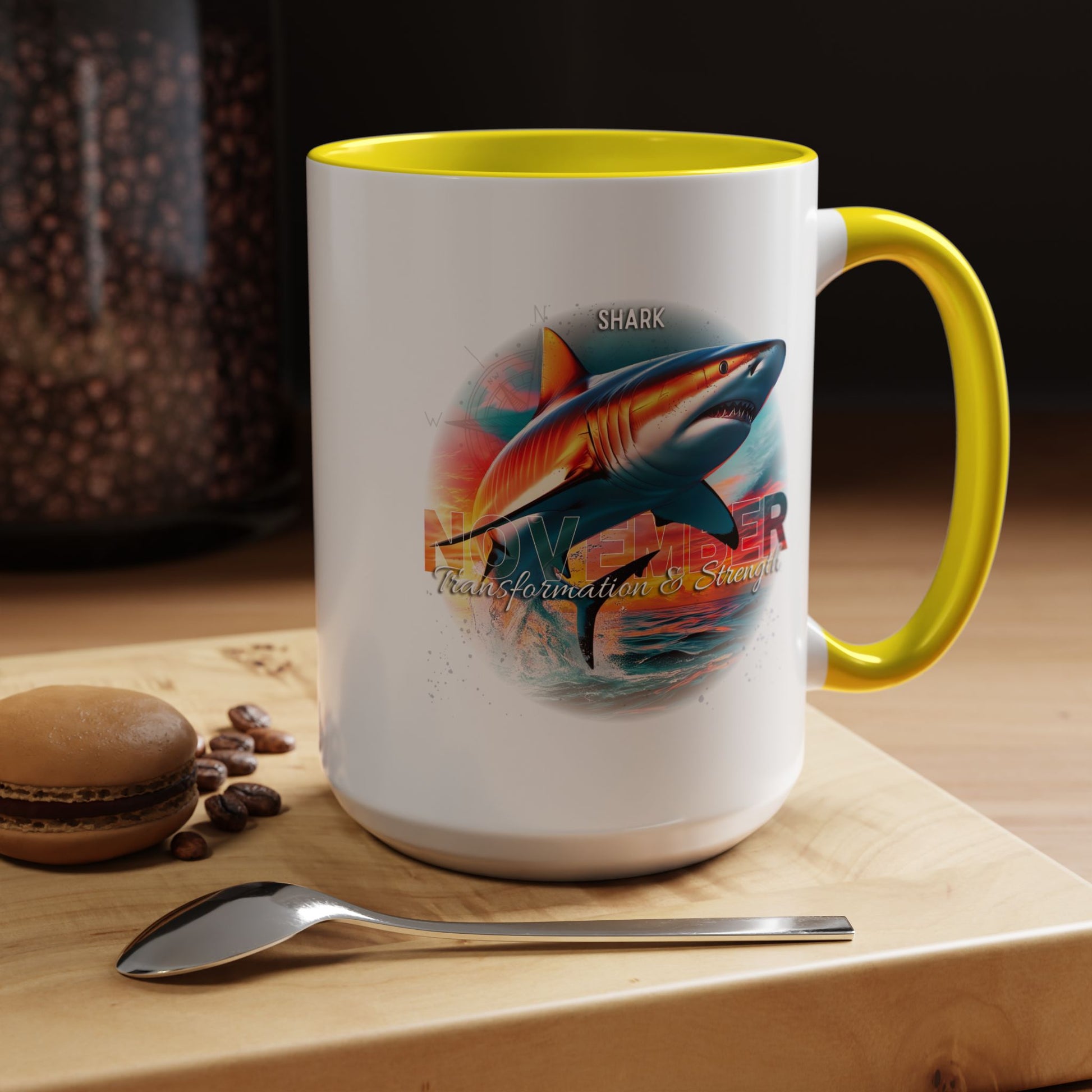 White birth month coffee mug with yellow handle and interior featuring a shark design and ocean theme