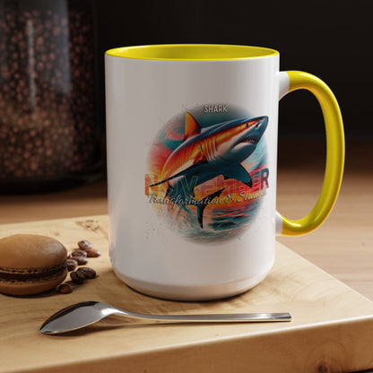 White birth month coffee mug with yellow handle and interior featuring a shark design and ocean theme