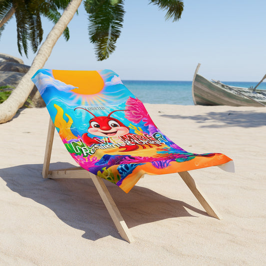 Colorful birth month kids beach towel with animated crab design on wooden lounge chair at the beach