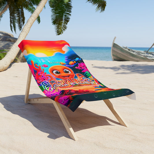 Colorful birth month kids beach towel with October design featuring underwater theme on a beach chair