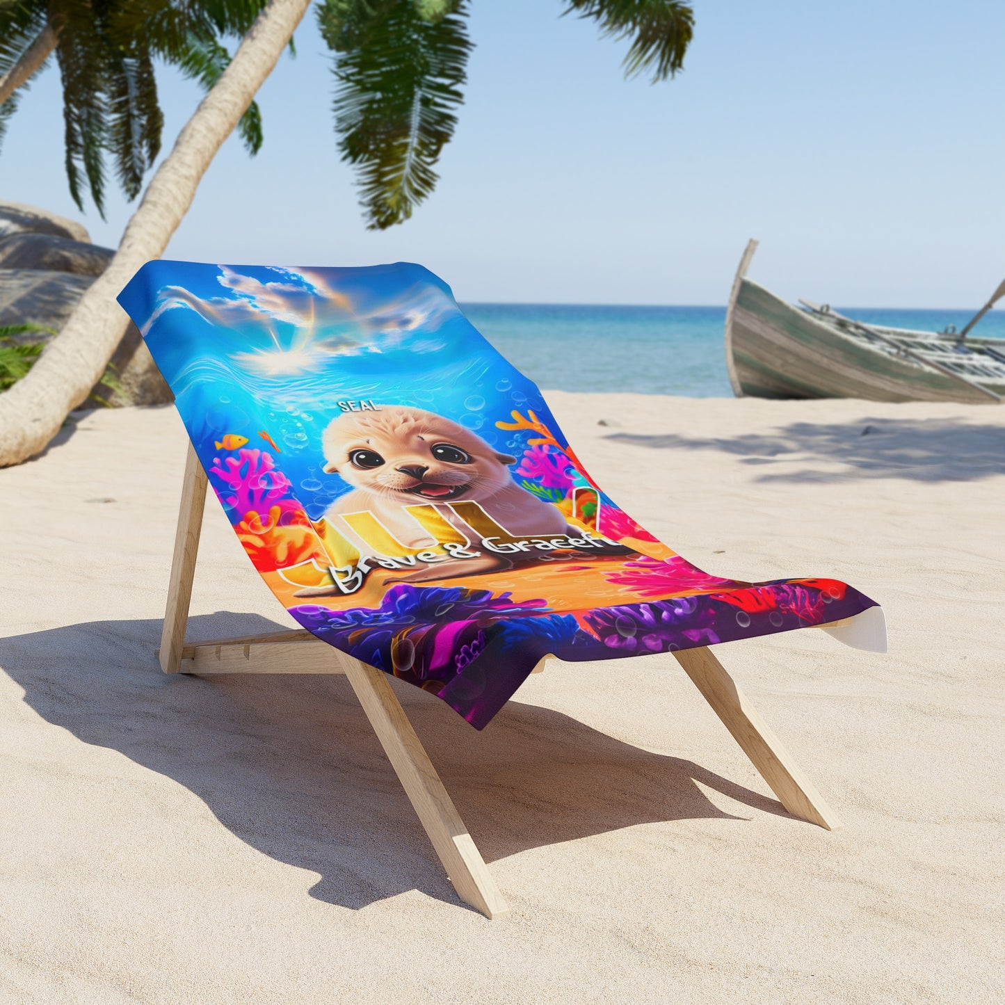 Colorful Birth Month Kids Beach Towel with cartoon dog design displayed on wooden beach chair on sandy shore