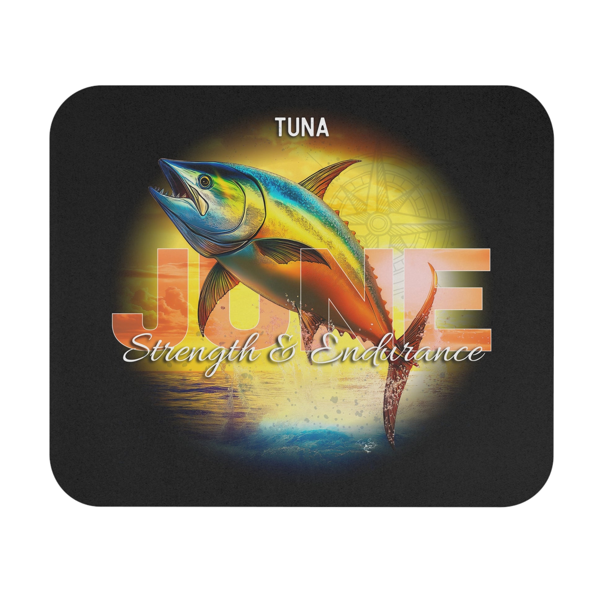 June birth month mouse pad with tuna fish design and strength and endurance text on black background